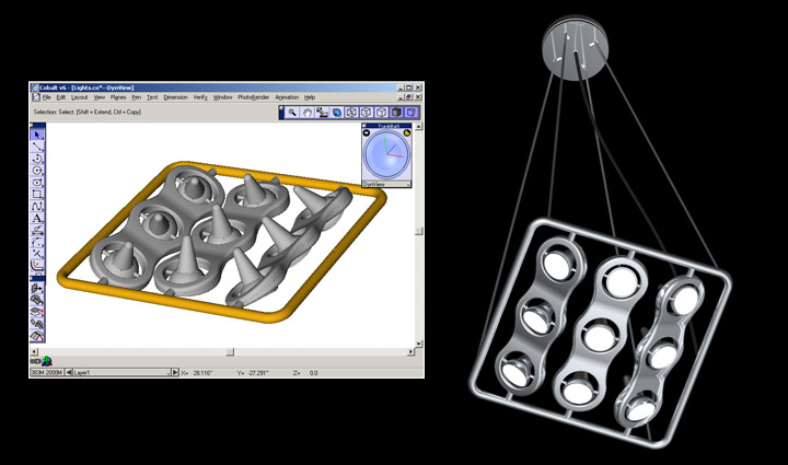 <b>Multi Assembly Lamp</b><span><br /> Designed by <b><a href='/success-stories/art-ceiling-fans-and-square-roots/'>Mark Gajewski</a></b> for <b>G Squared</b> • Created in <a href='/3d-modeling/3d-modeling-cobalt.html'>Cobalt CAD & 3D Modeling Software</a></span>